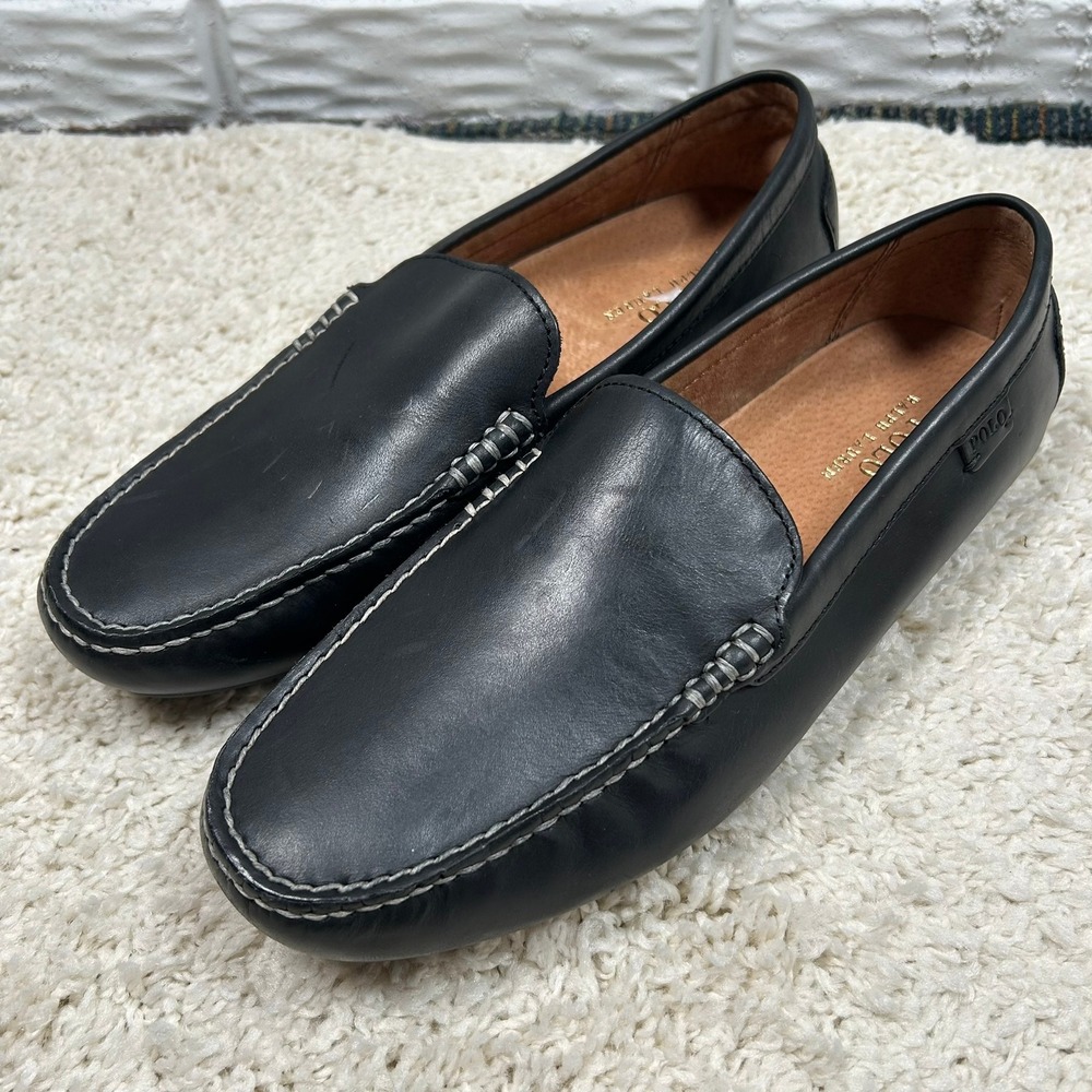 Polo Ralph Lauren Woodley Loafers 11D Black Leather Driving Shoes Moc Toe Driver